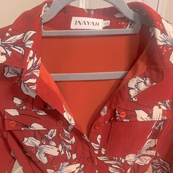 Inayah Red White Rust Floral Flower Maxi Dress Collar Button Shirtdress Belt XS - Picture 4 of 4